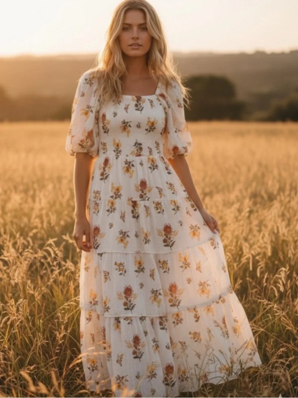 J. Gee White Boho Floral Tiered Maxi Dress Smocked Bodice Ruffle Puff Sleeves - Picture 1 of 15
